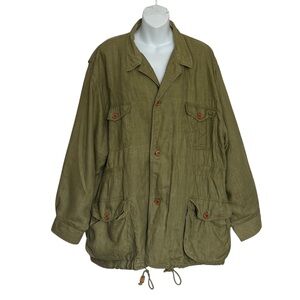 RARE Vintage Natural Olive Green Pure Linen Oversized Lagenlook Safari Jacket